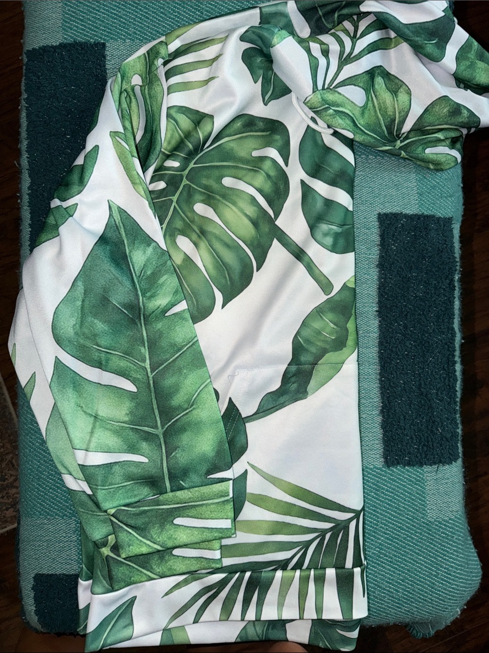 SHEIN White & Green Tropical Palm Print Hoodie